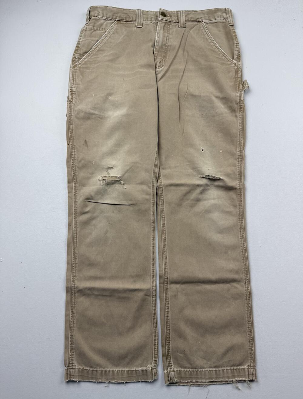 Carhartt Pants Mens 34 Beige Carpenter Canvas Distressed Workwear Read